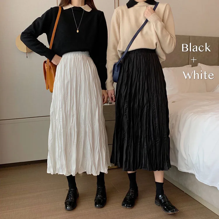 MiiiiX Korean Style Simple Basics A-line Folds Mid-length Skirt Elastic Waist Loose Versatile Skirt 2024 Autumn Women's Clothes