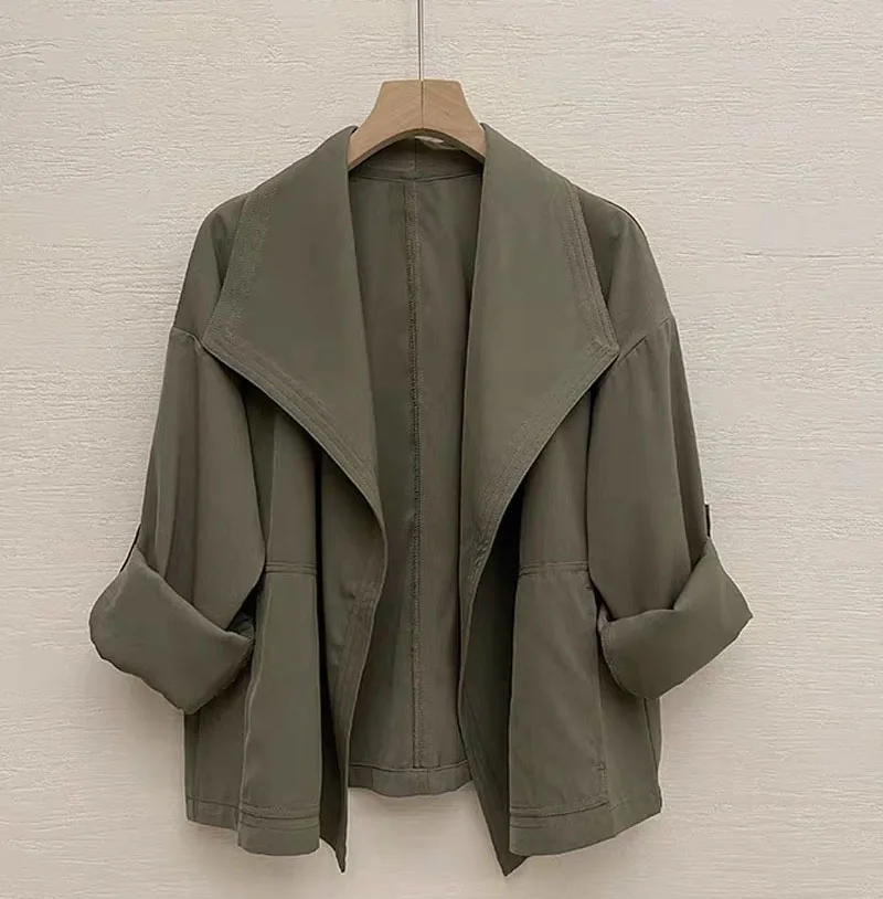 

Women'S Long Oversize Trench Coat Solid Double Breasted Vintage Lapel Neck Sleeves Female Chic Lady Outfits Retro Loose