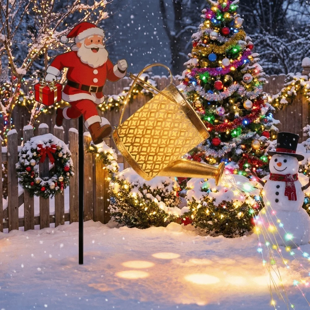 Solar Powered Christmas Santa Solar Kettle Light Weather Resistant Waterproof Santa Claus Watering Can Light Elk LED Light