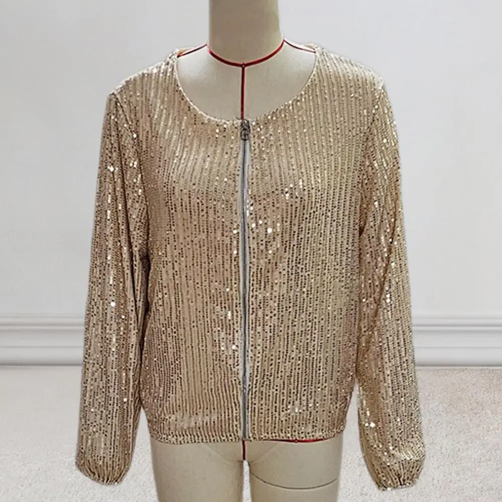 Veste cardigan à paillettes avec fermeture éclair pour femme, manches longues, manteau court, décor à paillettes, convient pour la fête, automne, printemps