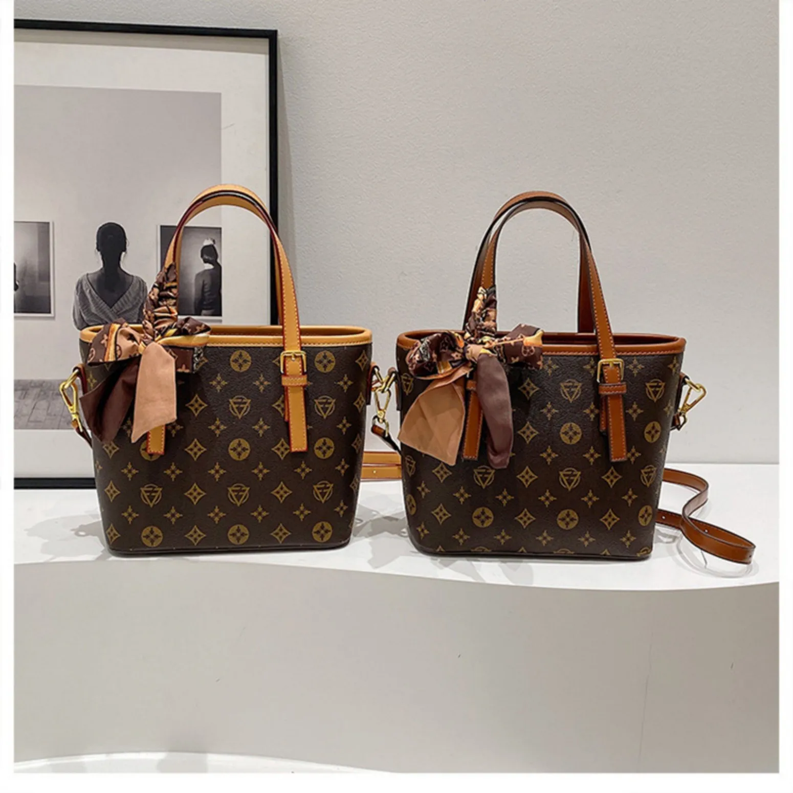 

2026 new women's vintage leather luxury bucket bag with silk scarf and bow, fashionable single shoulder crossbody bag, handbag