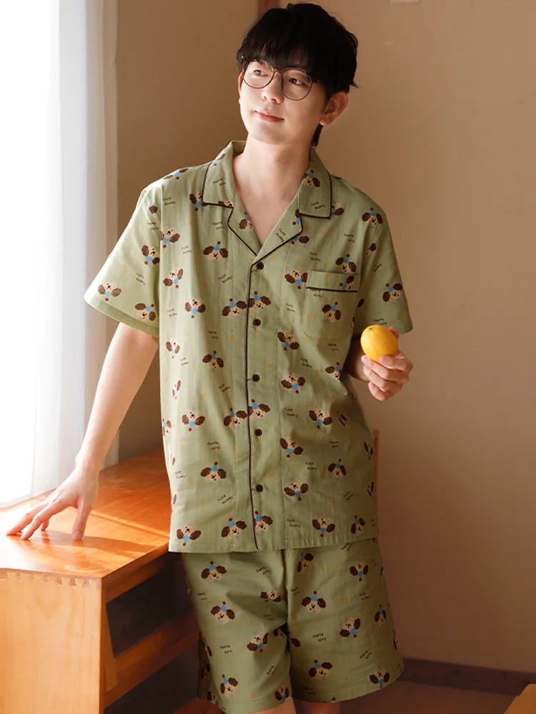 

Summer cartoon men pajamas pure cotton fabric comfortable breathable short sleeved shorts cotton yarn casual household clothes
