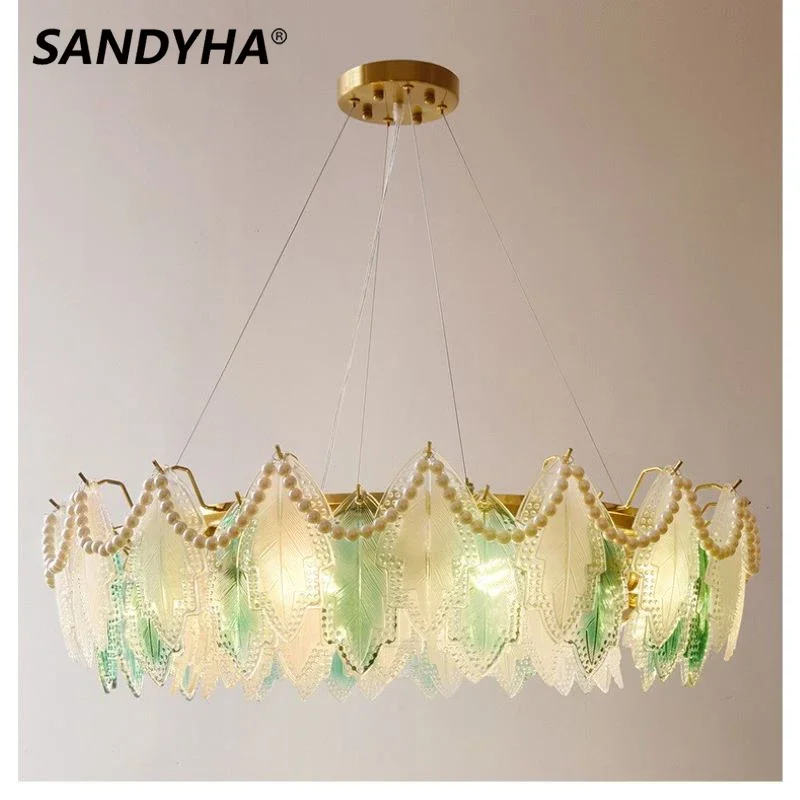 SANDYHA الحديثة الزجاج الملون ريشة الظل LED الثريا قلادة ضوء لغرفة المعيشة غرفة الطعام غرفة نوم ديكور المنزل الأنيق