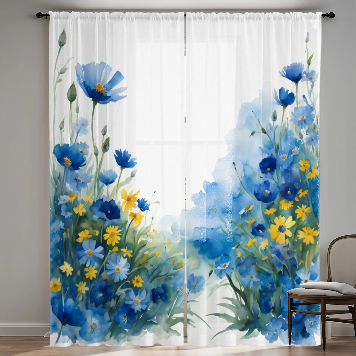 

Open 2pcs High-Definition Digital Window Screen Printing Simulation Blue Flowers Yellow Embellishment White Background Home Deco