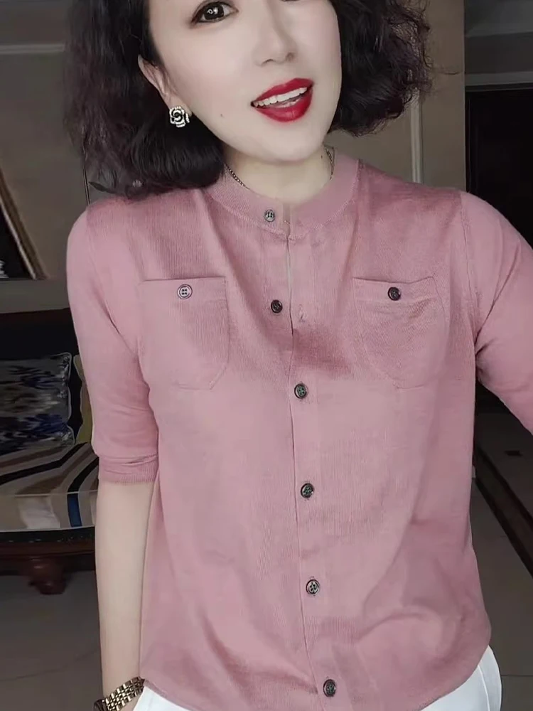 Удобный, приятный для кожи круглый трикотаж Ne Knitted Ice Silk ort Sve Повседневный трикотаж Женский летний дышащий трикотаж на одной пуговице...