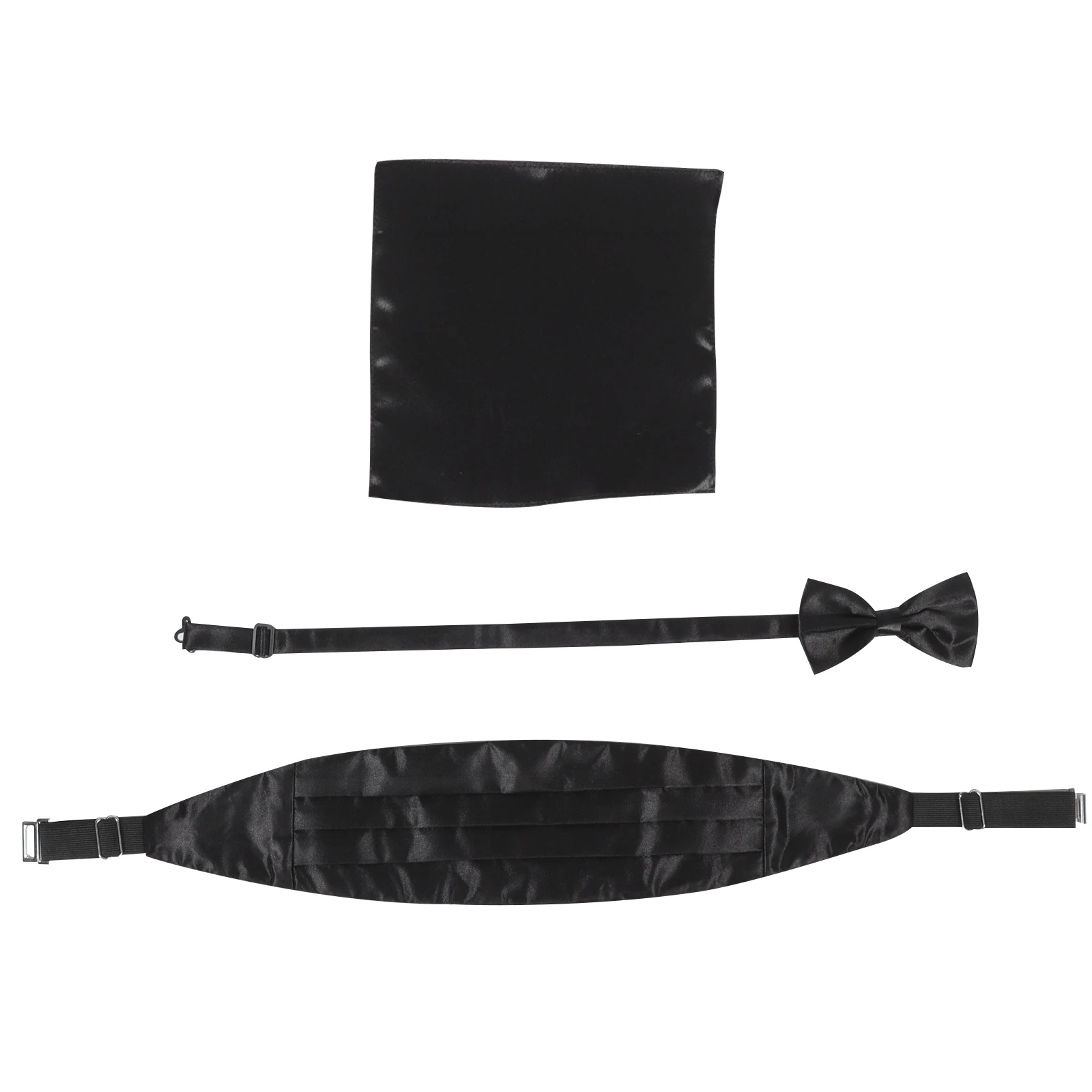 

Shiny Bow Tie Cummerbund Set Pocket Hankie for Men Formal Wear Tuxedo Made from Satin Polyester Fully Lined Silver Clip
