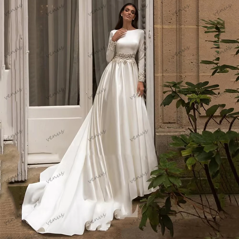 

Gorgeous Wedding Dresses Satin Bridal Gowns Lace Appliques Full Sleeves Robes For Formal Party Vestidos De Novia Customized 2026