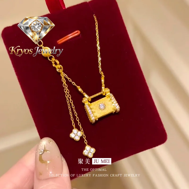 

Kryos Jewelry Luxury 24K 9999 Pure Gold real gold Point Drill Brushed Lock Bag Necklace Longlife Lock Lucky Grass Clavicle Chain