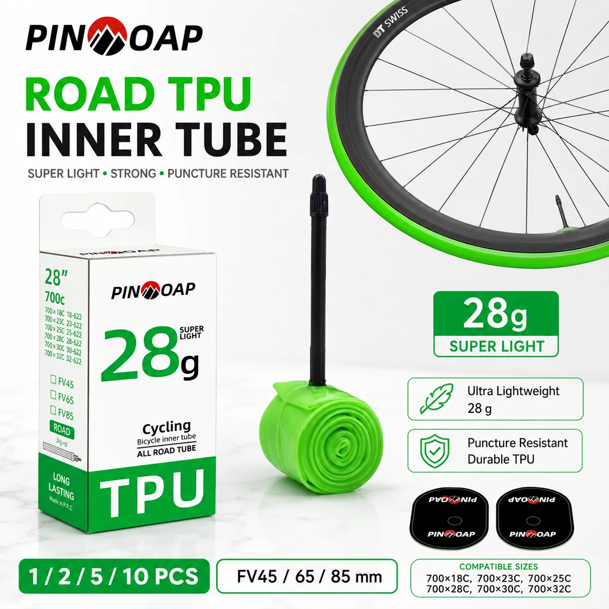 PINMOAP 1/2/5/10 Stück Premium Grüner TPU Fahrradschlauch 700C Presta-Ventil Tragbarer Leichter Rennrad-Reifenschlauch