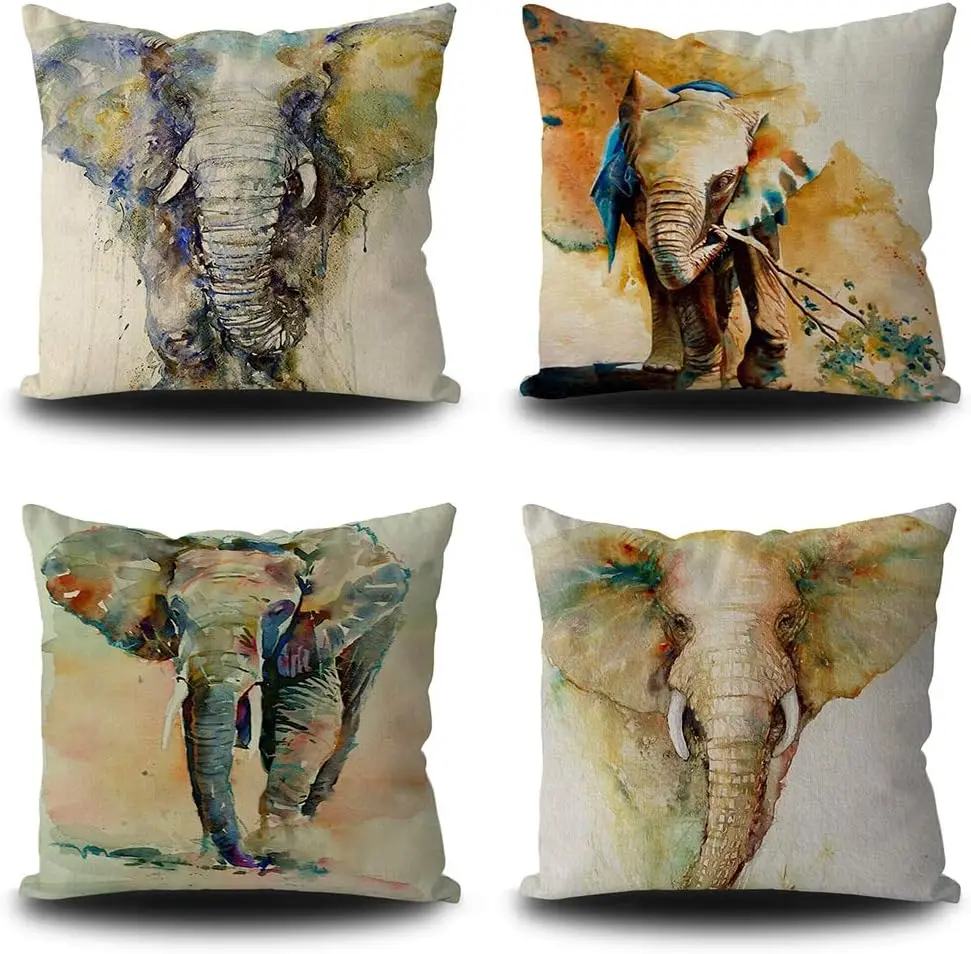 Cushion Cover African Watercolor Elephant Pattern Decorative Pillowcase Square Linen Pillowcase Bed Sofa 45x45 pillow case