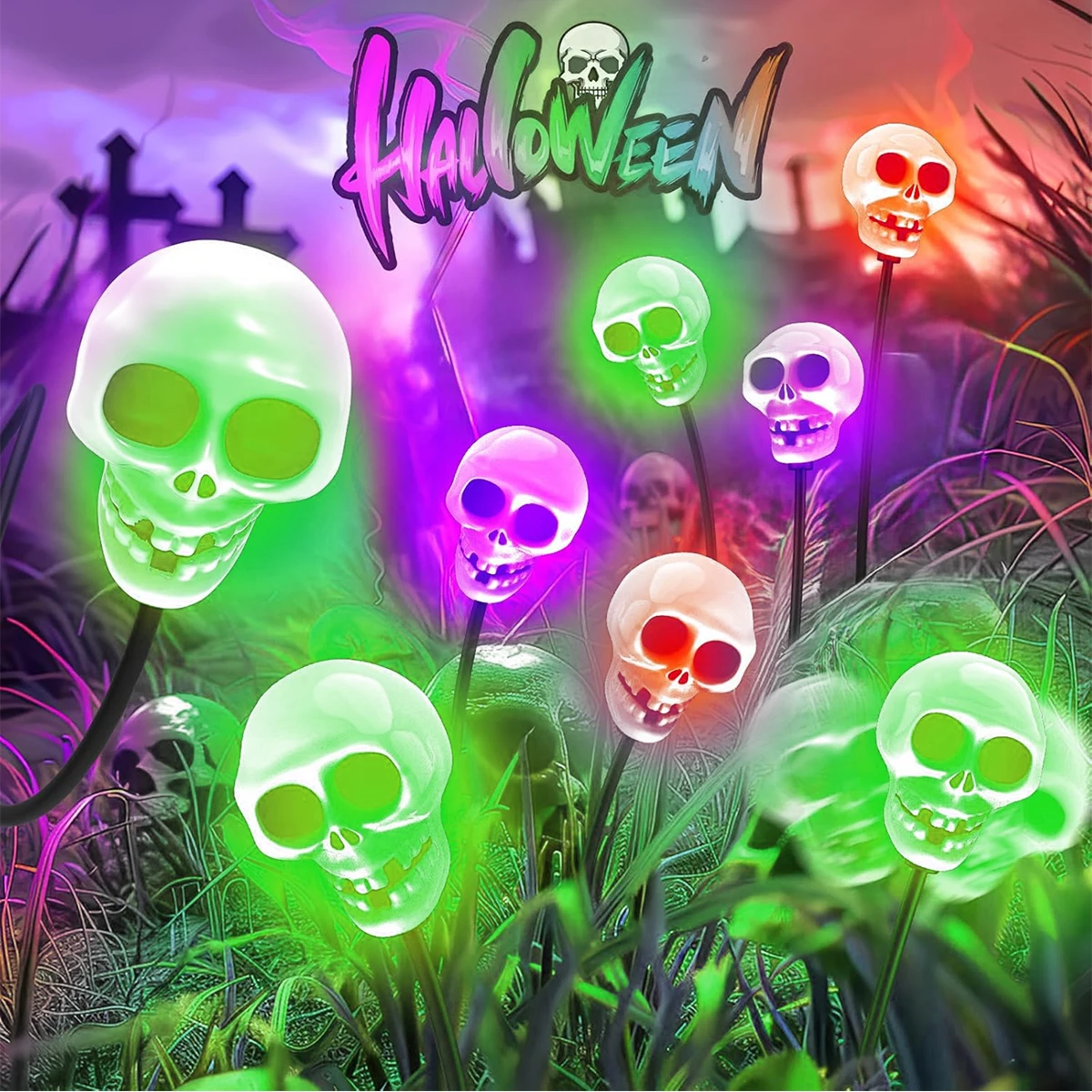Impermeável LED Solar Light com Crânio, Jardim Paisagem Luz, Sway By Wind, Path Lamp, Firefly Light, Halloween, 1 Pc, 2Pcs