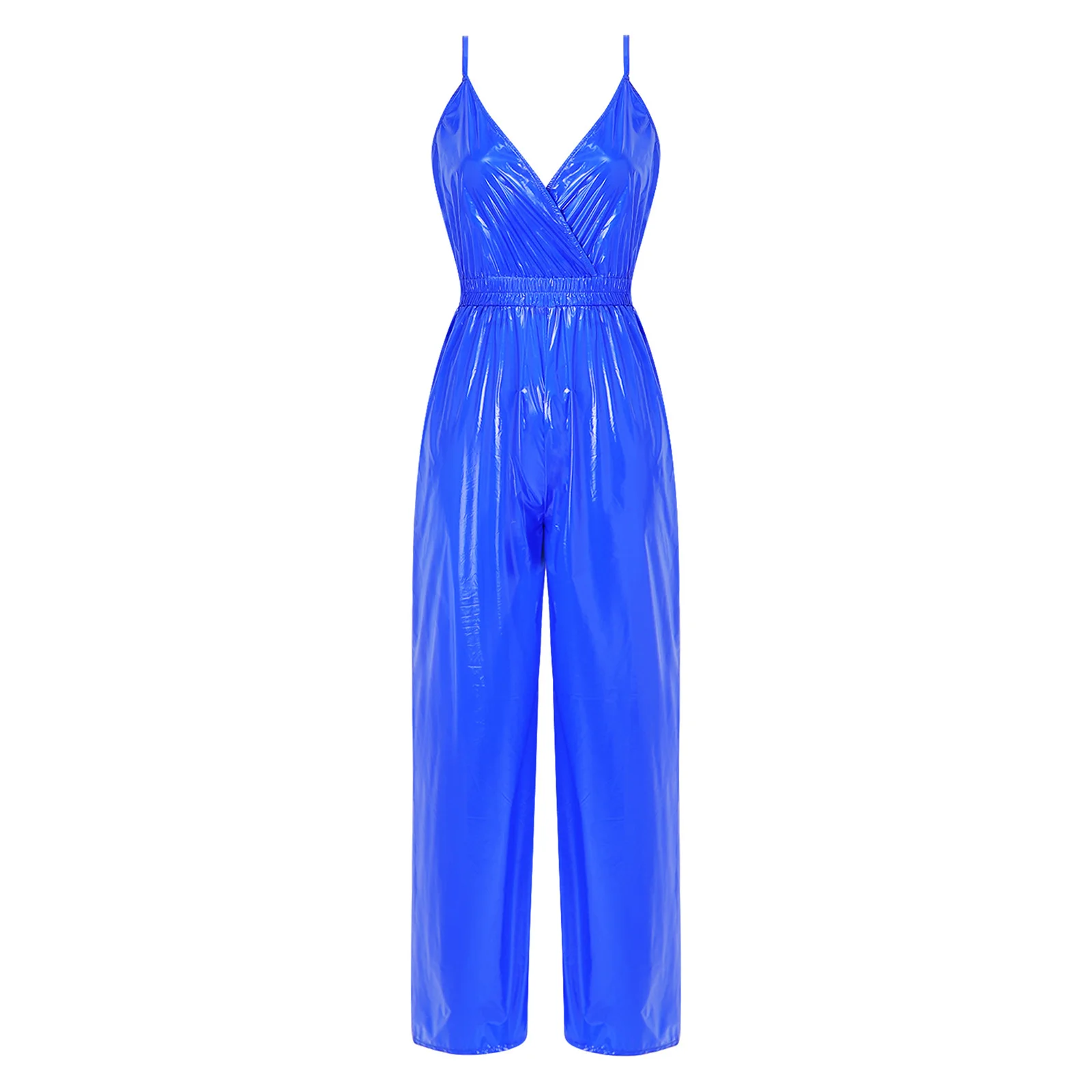 New Women Glossy Waterproof Jumpsuit Wrap V Neck Backless Elastic Waist Straight Wide Leg Pants Unitard Rompers Clubwear