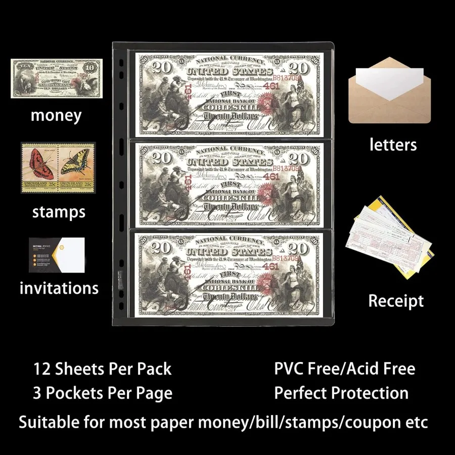 Currey-Hüllen für Sammler, 12 Blatt, säurefreies PVC-Papier, Geld, Currey-Taschenseiten, Münzsammelzubehör, 36 Taschen, 9 Löcher