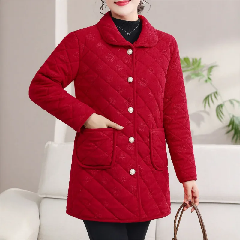 Add Velvet Coat Female Tops Middle Aged Women\'s Mid-Length Cotton-Padded Jackets Winter Warm Cold-Proof Overcoat