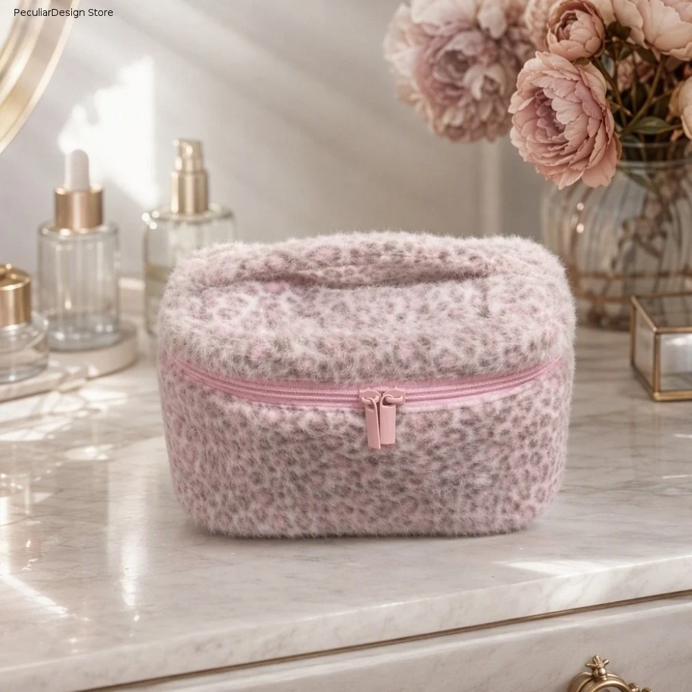 Portable Pink Leopard Print Makeup Bag Top Handle Zipper Plush Toiletry Organizer Smooth Material Large Capacity Storage Pouch