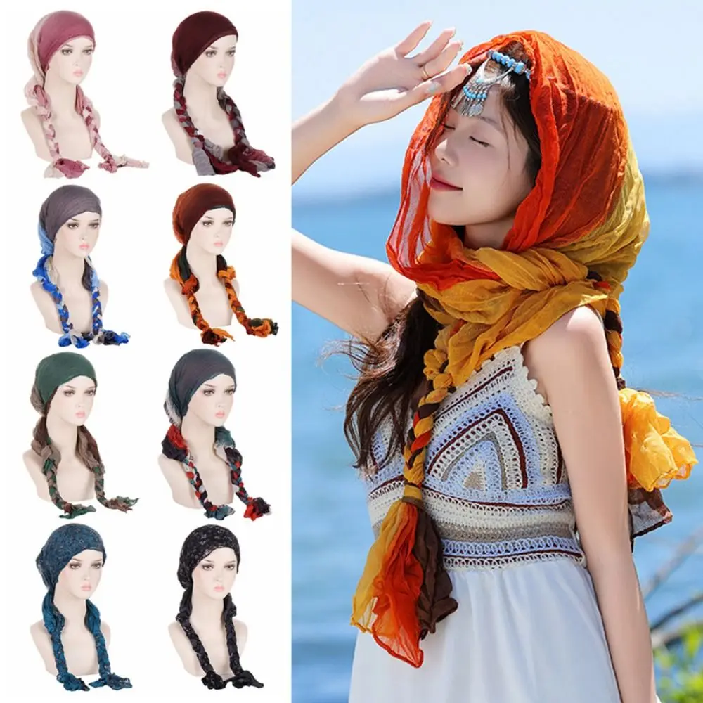 

Градиентный цветной платок-косичка с цветочным узором в этническом стиле, дышащий мусульманский хиджаб, палантин, пылезащитный солнцезащитный головной убор на каждый день