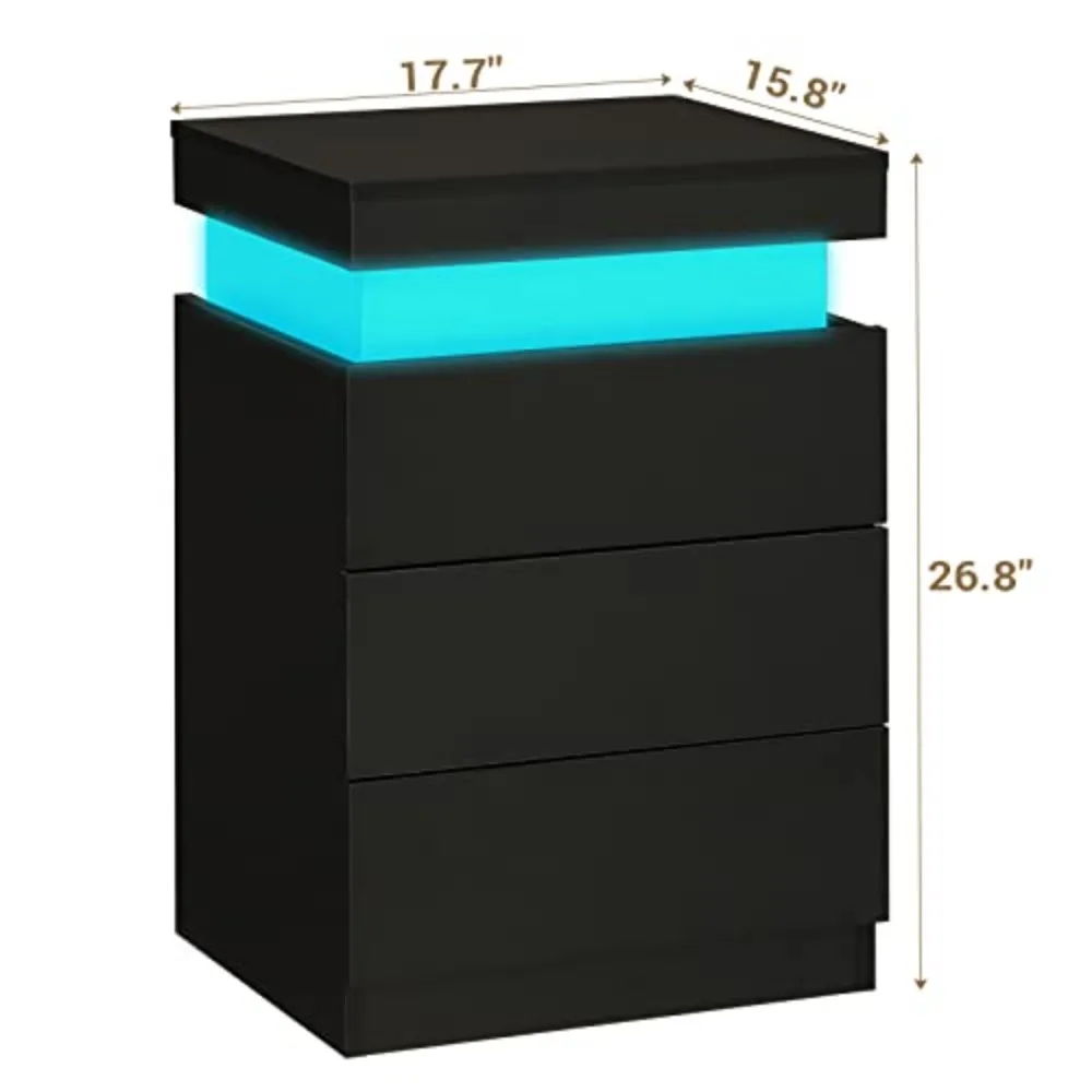 Black Nightstand with Charging Station and LED Lights | Modern Night Stand with Sliding Top,Bedside Table with