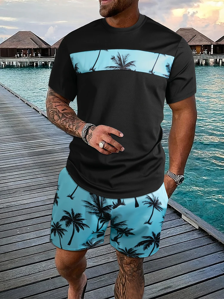 Hawaiian Style Men's Suit Summer Seaside Vacation Casual Wear Men's Home Loose Comfortable Pajamas Creative Tropical Palm Print