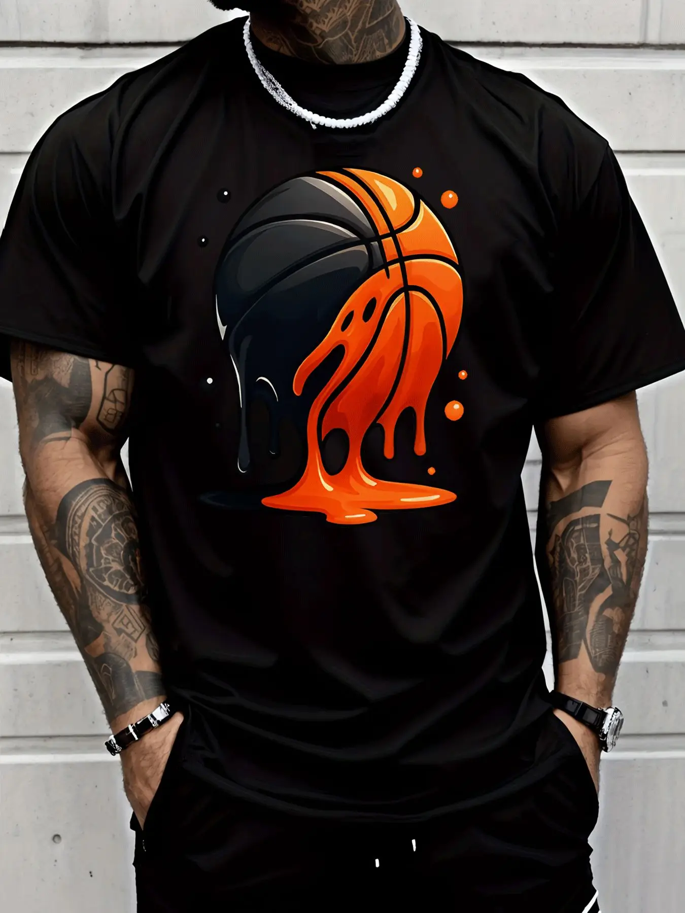 Dripping Black And Orange Basketball Mens Front Print T Shirt Sport Ball Graphic Tee Casual Short Sleeve Top Basketball Fan Gift