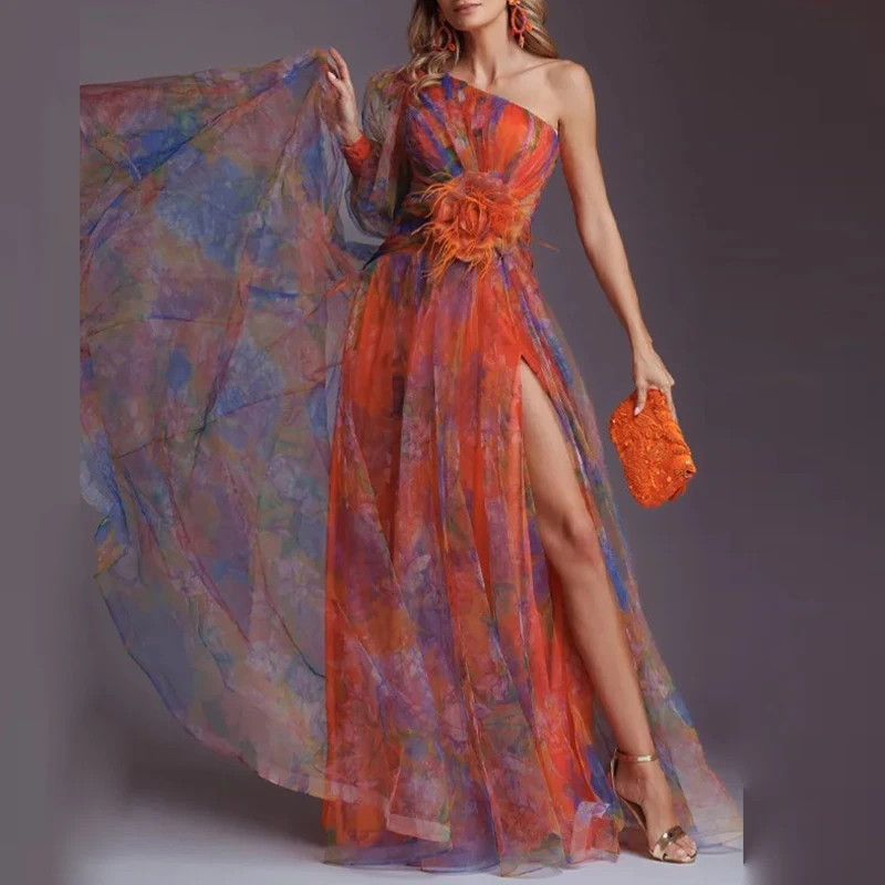 Spring Summer New Mesh Evening Dress Vintage Pattern Printed High Waisted Long Dress New One Shoulder Pleat Banquet Swing Dress