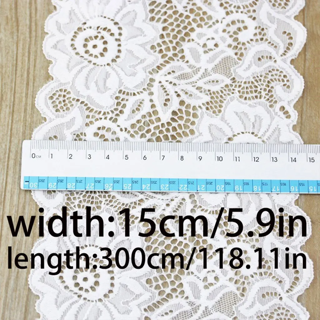 (3 Meter) 15cm White Elastic Lace Fabric French Hollow Underwear Stretch Laces Trim DIY Hollow Underwear