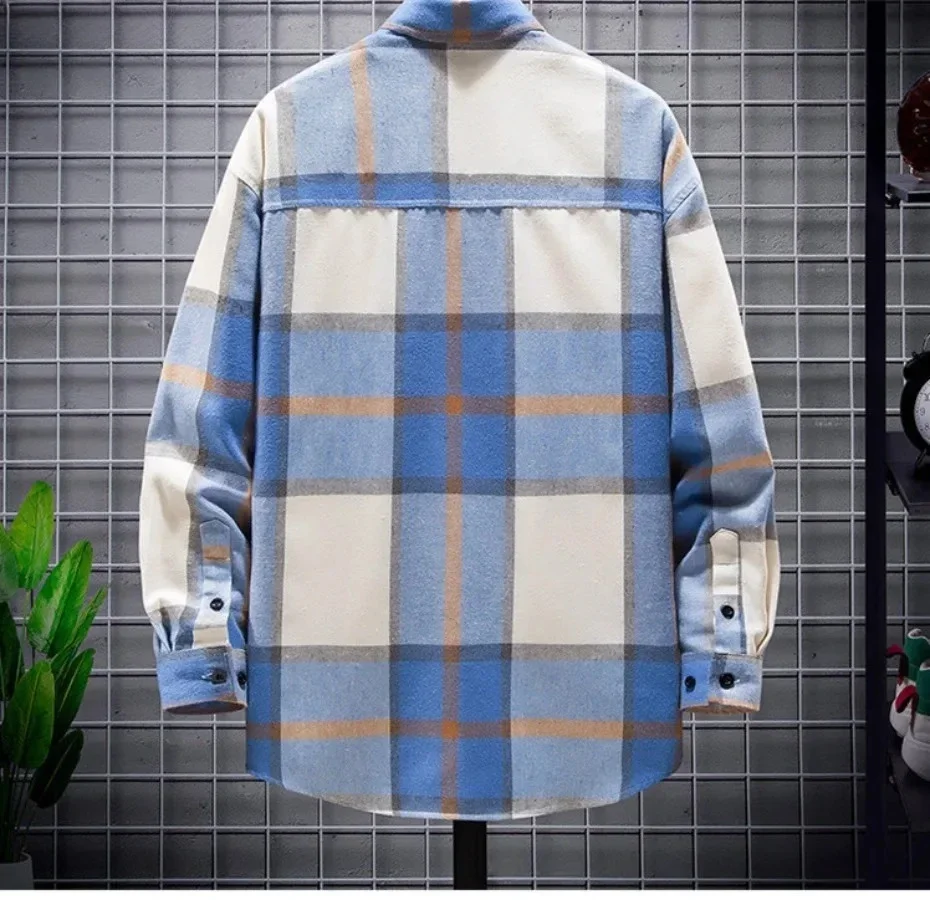 New Men's Casual Loose Plaid Print Shirts Classic Fashion Long Sleeved Shirt Coats Men Vintage All-match Shirts with Pocket