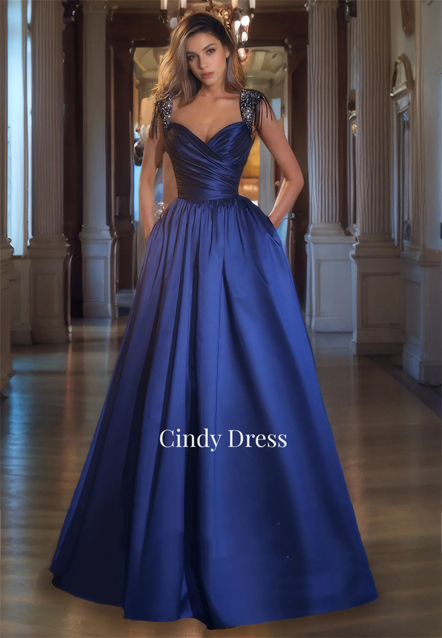 Shiny A-line Satin Navy Blue Chubby Elegant Party Dresses Customized for Wedding Evening Woman Gala Prom Dress Graduation Saudi