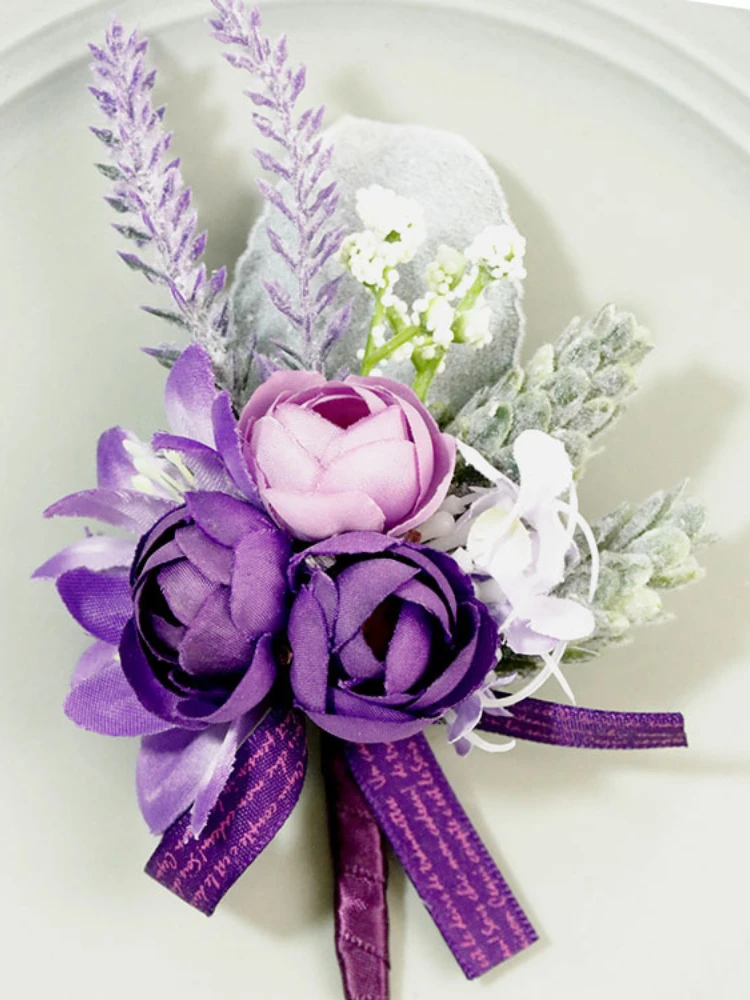 Casamento pulso corsage pulseira branco roxo masculino pulso corsage casamento boutonnieres noiva noivo cerimônia flor festa decoração