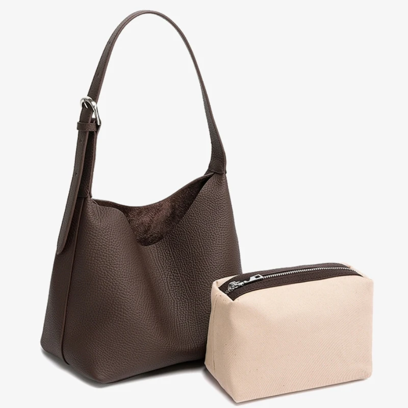 

Soft Cowhide Genuine Leather Women's Single Shoulder Bag Trendy Commuter Women's Tote Bag 2026 New Bucket Handbag Female Retro