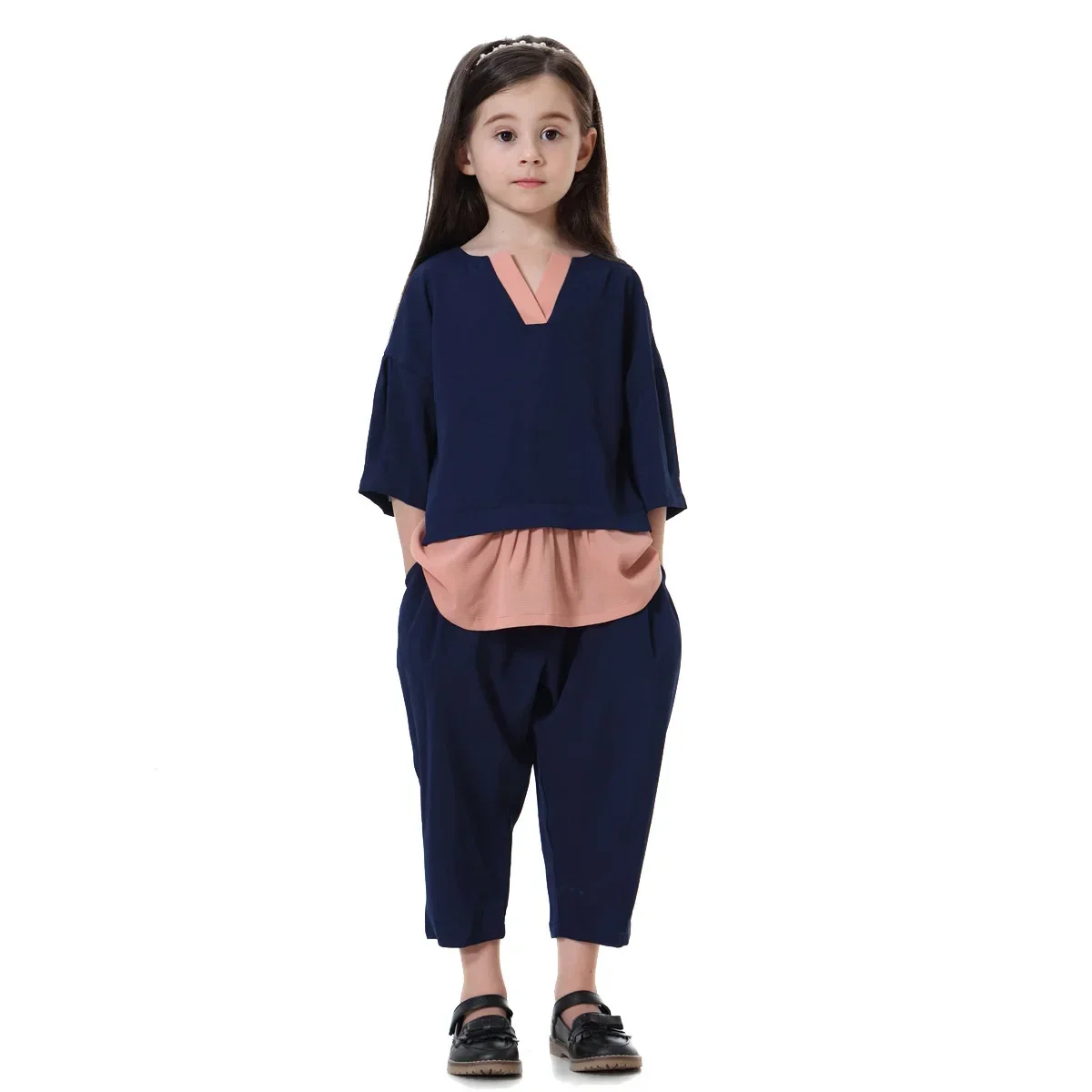 Turkey Muslim Girls 2pcs Sets Kids Tops Pants Suits Half Sleeve Shirts Trousers Islamic Clothing Arab Robe Gowns Jubah Ramadan