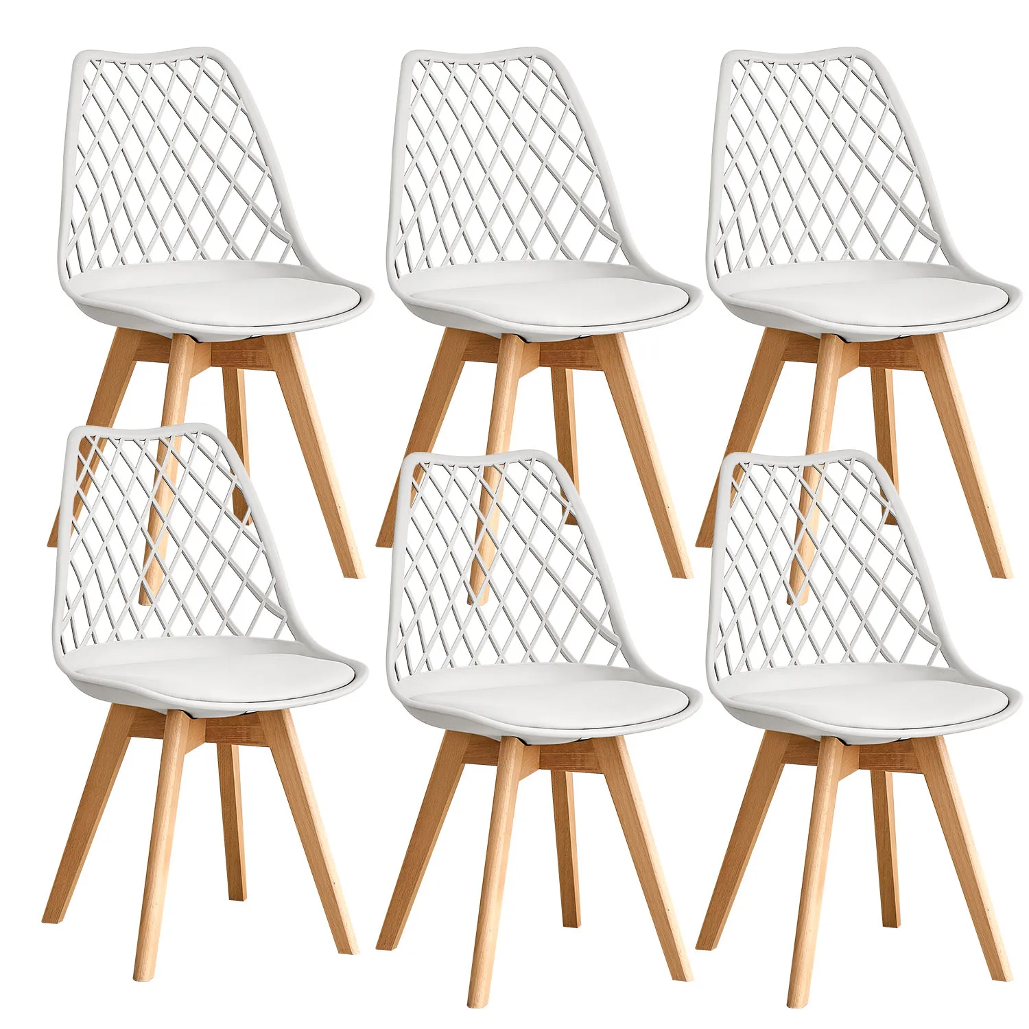 GrandCA HOME Juego de 4/6 sillas de comedor de estilo nórdico, respaldo de malla, patas de madera maciza, silla tapizada en cuero, blanco/negro/beige