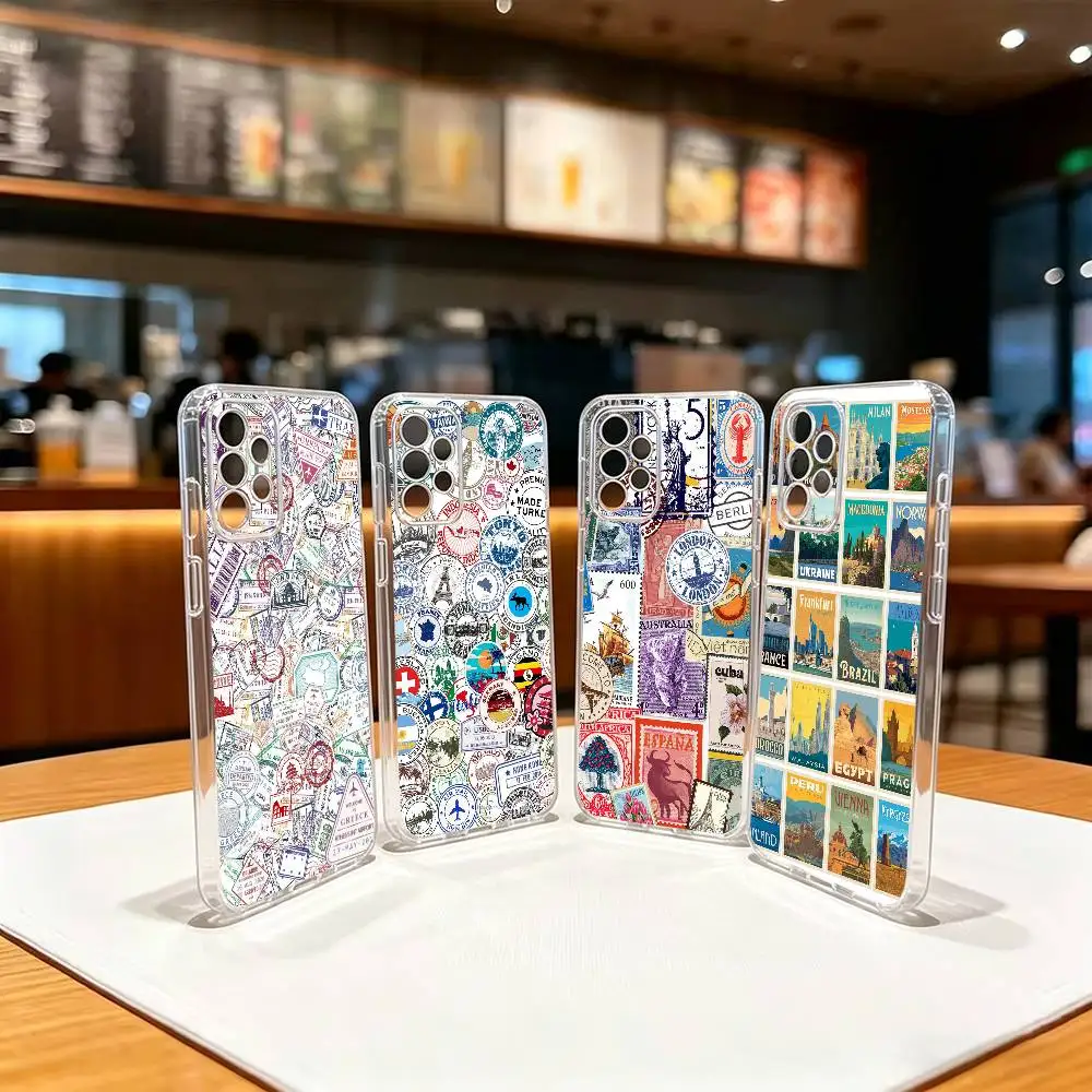Travel Label Landmark Pattern  Transparent TPU Shockproof Protection Phone Case For Samsung S 25,24,23,22,30,21,10,9,Ultra,Plus,