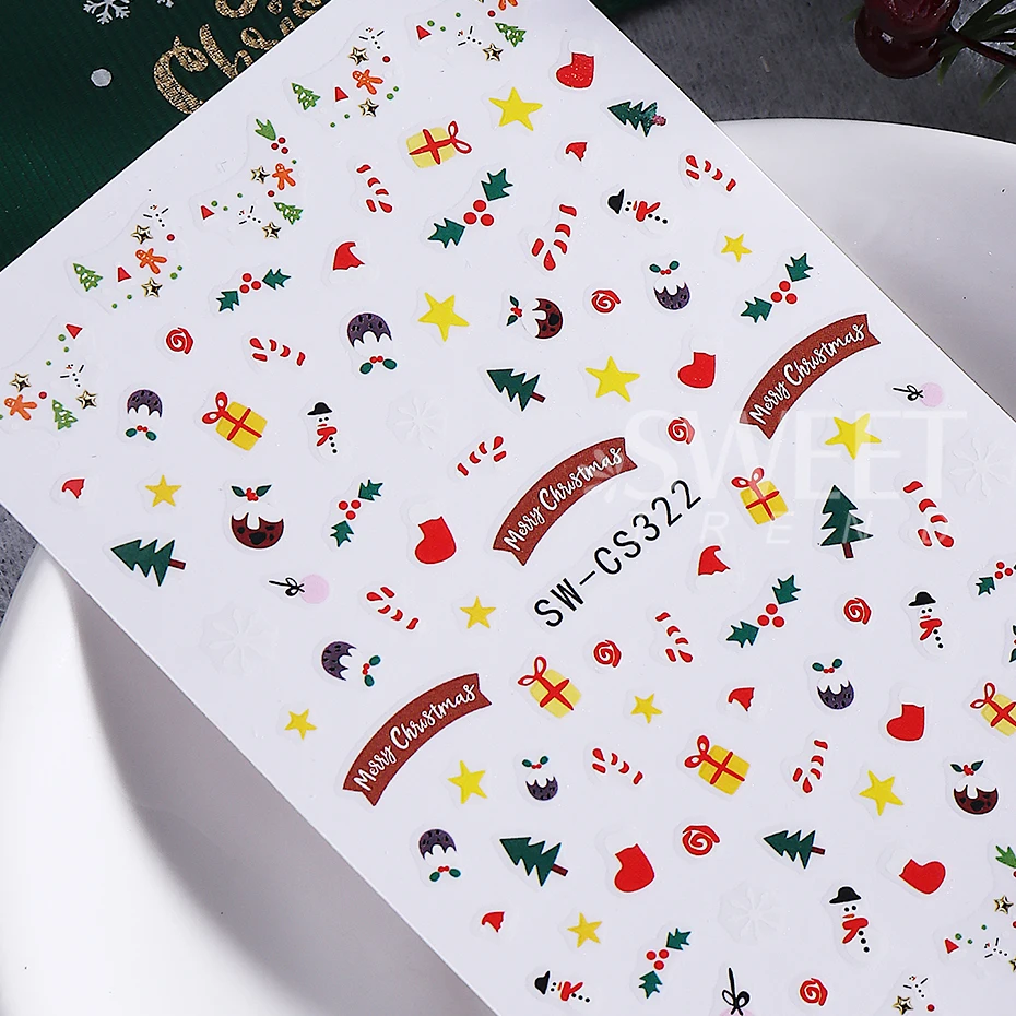 2 個クリスマスネイルステッカーかわいいジンジャーブレッドマンエルククリスマスツリー葉ヒイラギ DIY 冬ギフトデカールスライダーマニキュア装飾