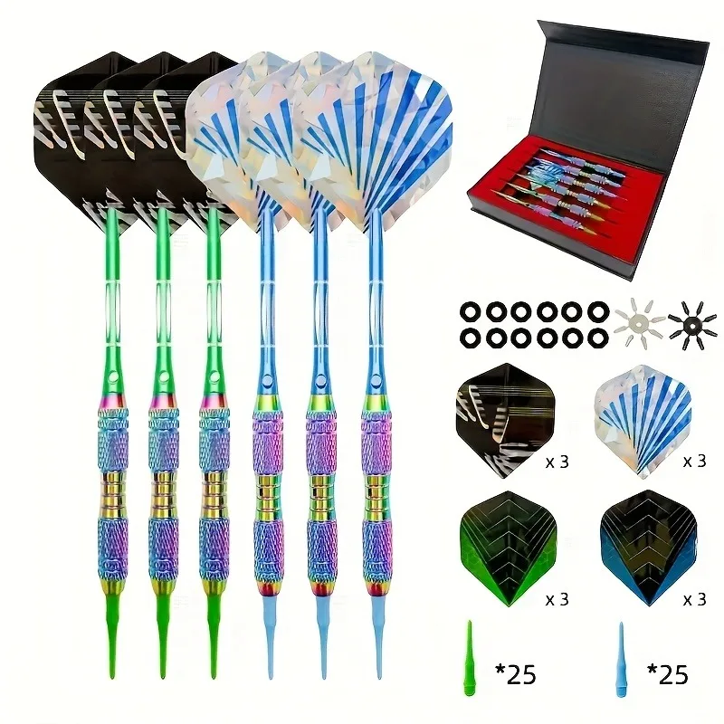 Darts Plastic Tip Set-Colorful Soft Tip Darts Durable Metal Darts,Rings,12 Dart Flights,50 Soft Tips,6 360°Rotating Dart