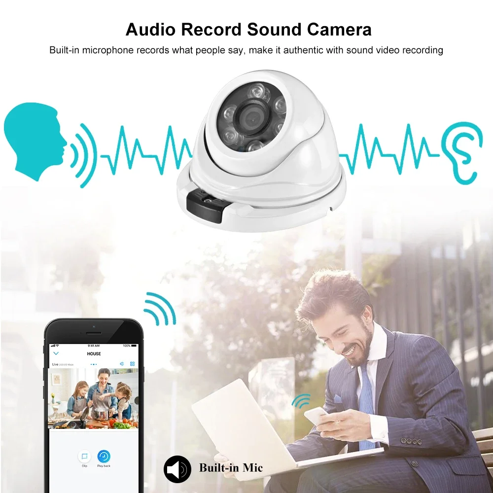 AZISHN Grandangolo 2.8mm Audio 4MP 2560*1440 25fps CCTV Dome Camera Indoor Outdoor Antivandalo HD Infrarossi Custodia in metallo Telecamera IP