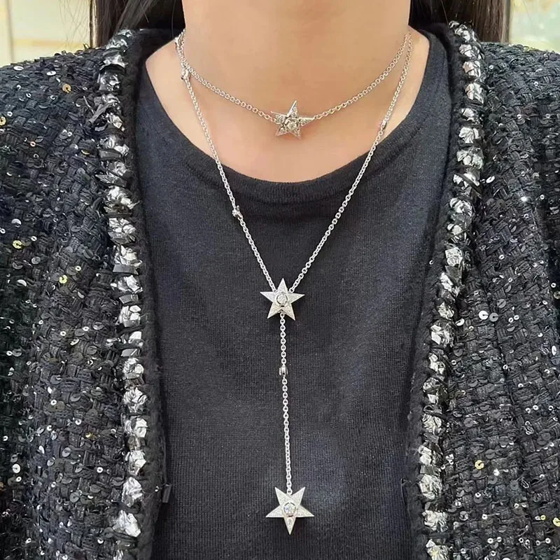 

2025 Новая тенденция, длинные ожерелья с пятиконечной звездой, многослойная цепочка для ношения, женская модная цепочка для свитера, браслеты с намоткой