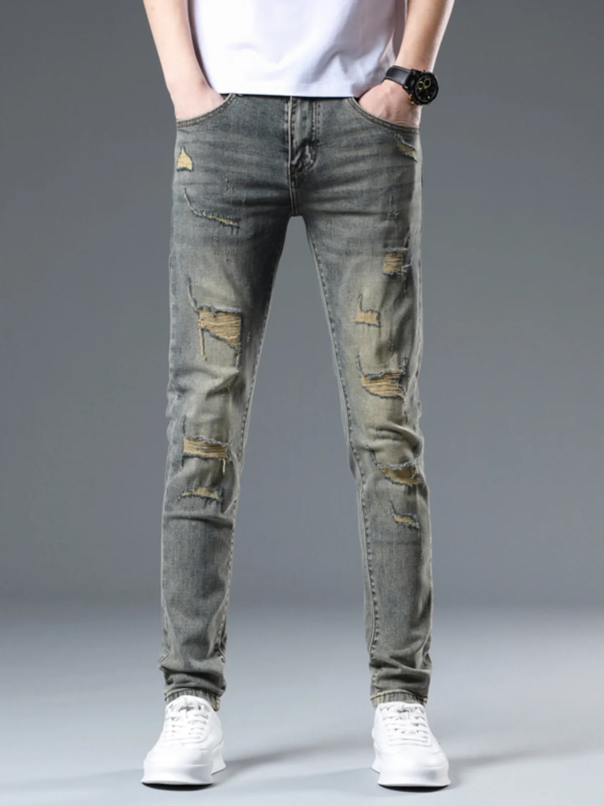 

Summer Trendy Brand Ripped Retro Slim Fit High Waist Straight Leg Premium Denim Pants Elastic Casual Versatile Nine-Tenths Me...