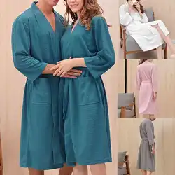 Autumn Adult Bathrobe Sashes V-Neck Robe Pajamas For Men And Women Couple Robes Pockets Long Sleeve Fashion Nightgown