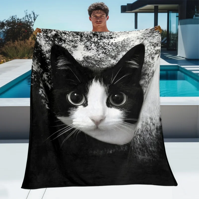 Lazy Cat Alarm Clock Print Throw Blanket, Soft Flannel Plush Blanket for Sofa Bedroom Home Decoration
