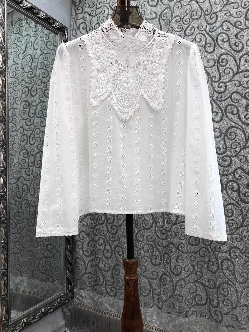 

100%Cotton Blouse 2024 Summer Fashion Tops High Quality Women Stand Neck Allover Hollow Out Embroidery Long Sleeve White Tops