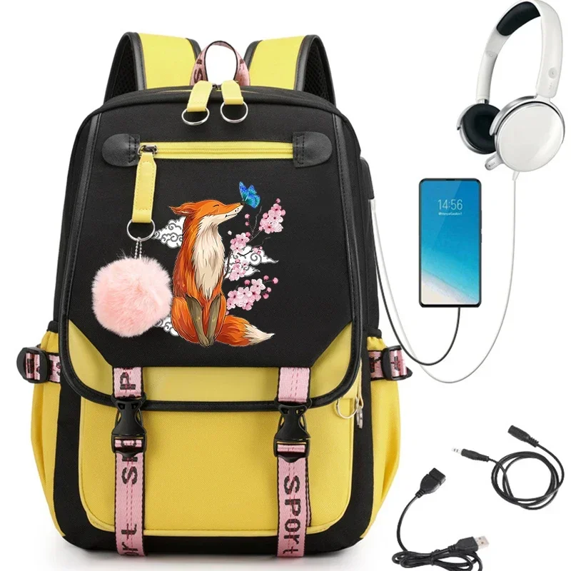Fox Anime Plecak Torba Dziewczęca Torba szkolna Bagpack Nastolatek Port USB Plecak Kawaii Plecak Laptop Plecaki podróżne Mochila
