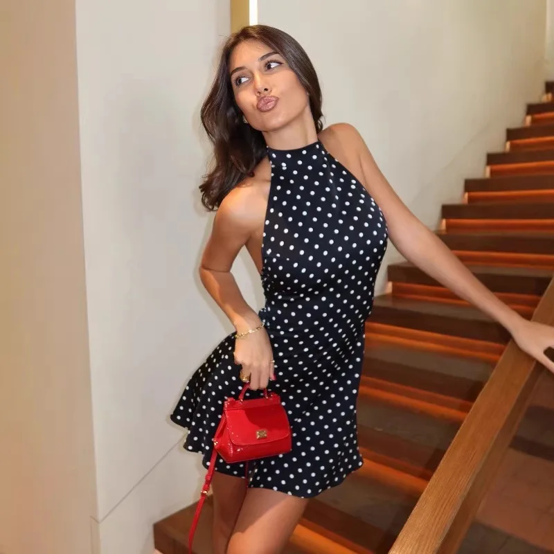 

Wave Point Elegant Off Shoulder Sleeveless Back High Waist Hanging Neck Mini Skirt Y2k Summer Fashion Club Party Short Skirt
