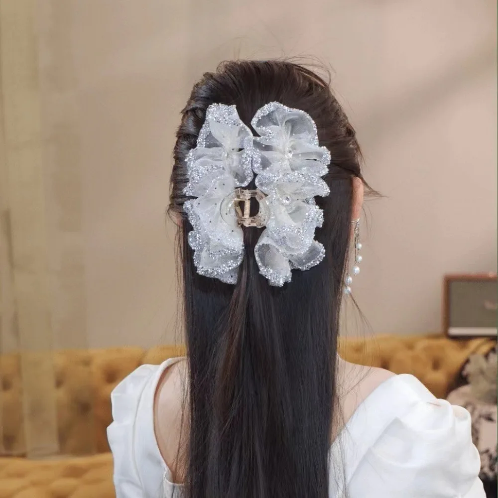 

Fashion Elegant Organza Hair Claw Wrinkled Diamond-encrusted Hair Clip Advanced Gentle Hair Accessories for Women