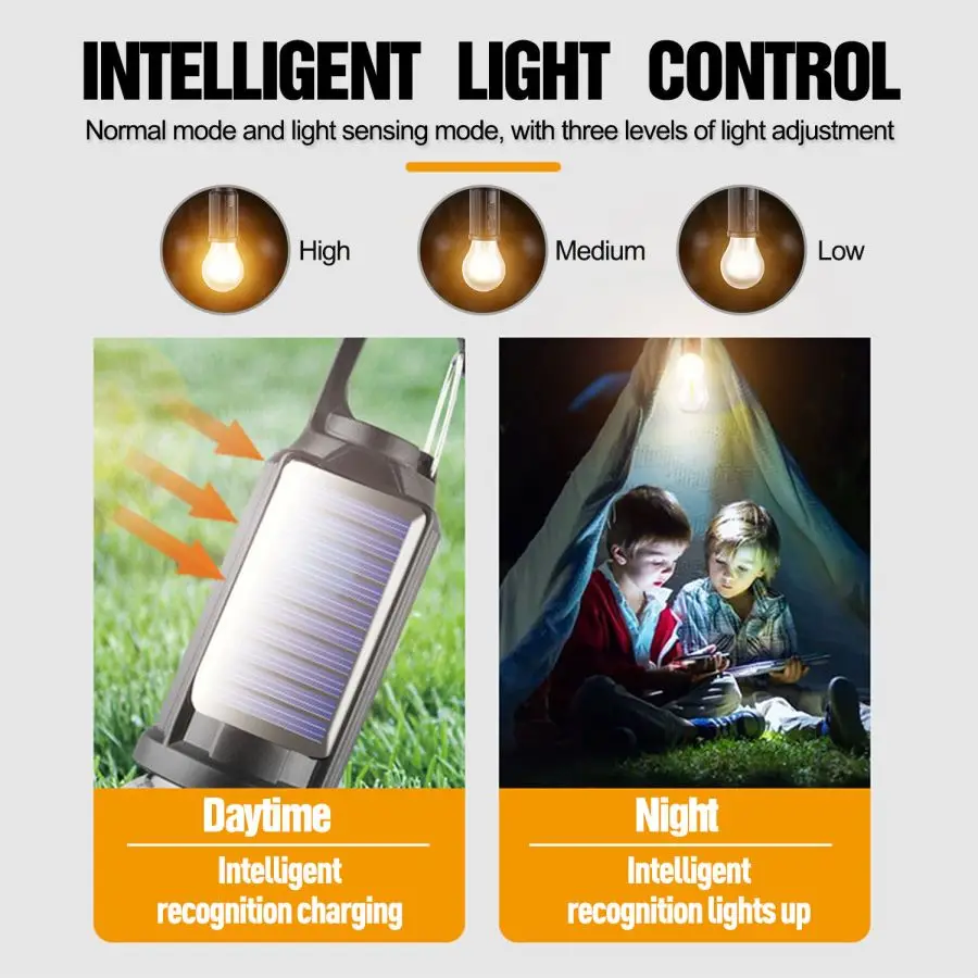 Rechargeable LED Camping Light Outdoor Camping Hanging Type-C Charging Retro Bulb Lights 3 Light Modes Solar Hanging Tent Lamp