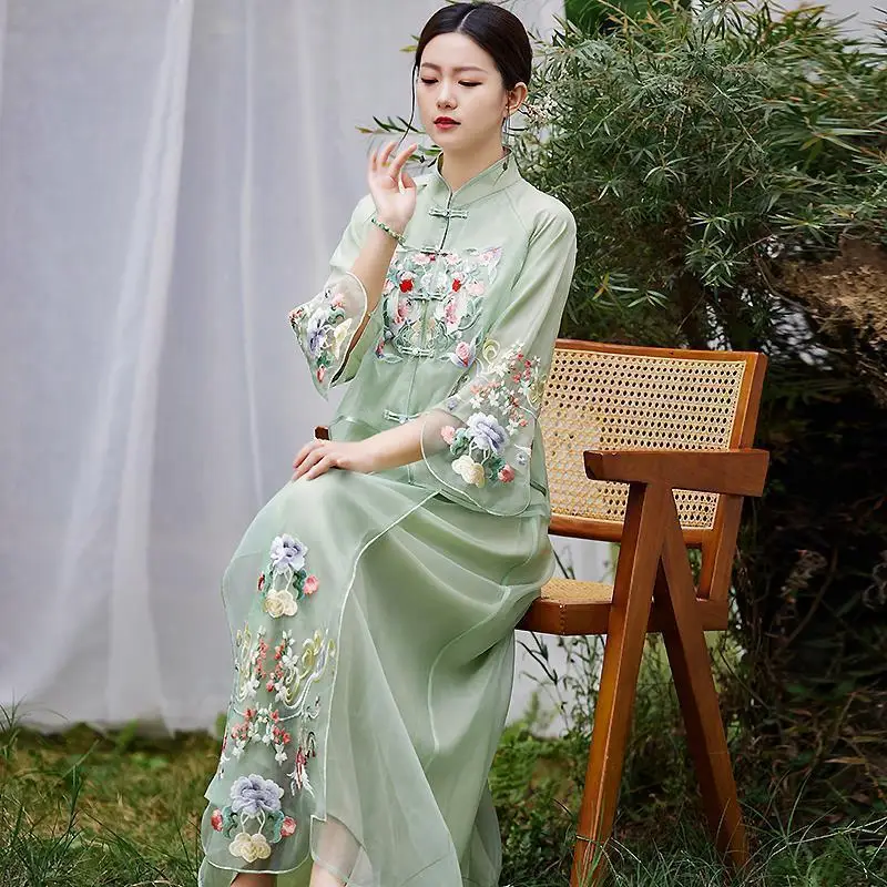 Zen Tea Art Improved Cheongsam Top Young Lady Ao Dai Dress Tang Suit women's Chinese Style Embroidery Retro Half Skirt Hanfu Set - Image 4