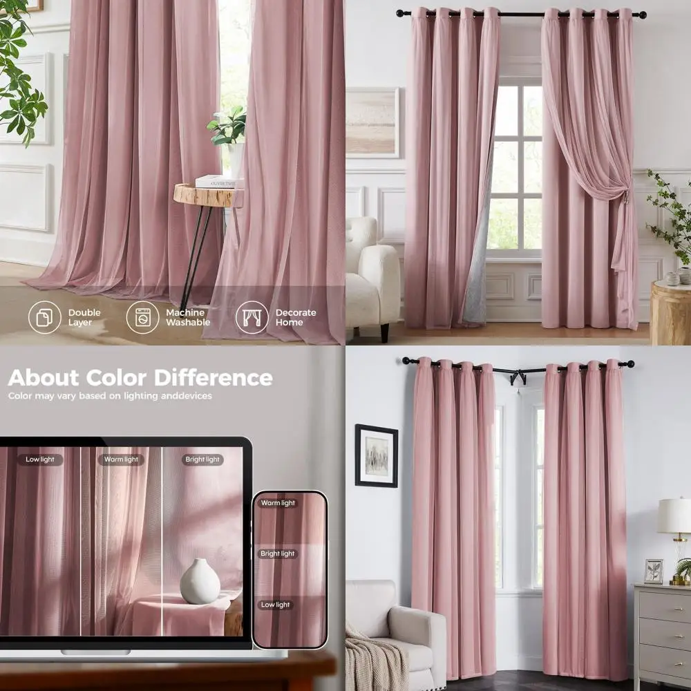 

Double Layer Pink & Blackout Curtains, 96 Long, 52 Wide, with Sheer Overlay for Bedroom & Living Room
