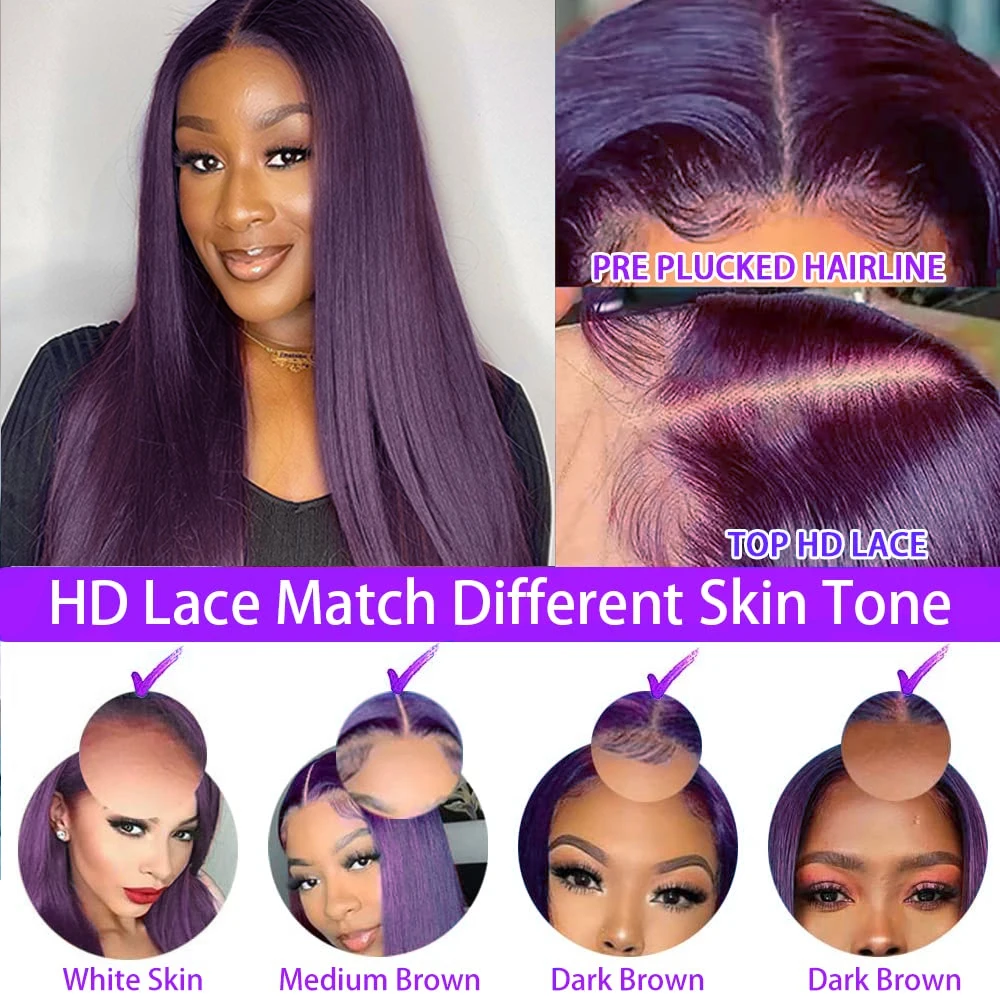 Deep Purple Straight Lace Front Wigs Dark Burgundy HD Transparent Lace Wigs Synthetic Glueless Pre Plucked with Baby Hair Wigs