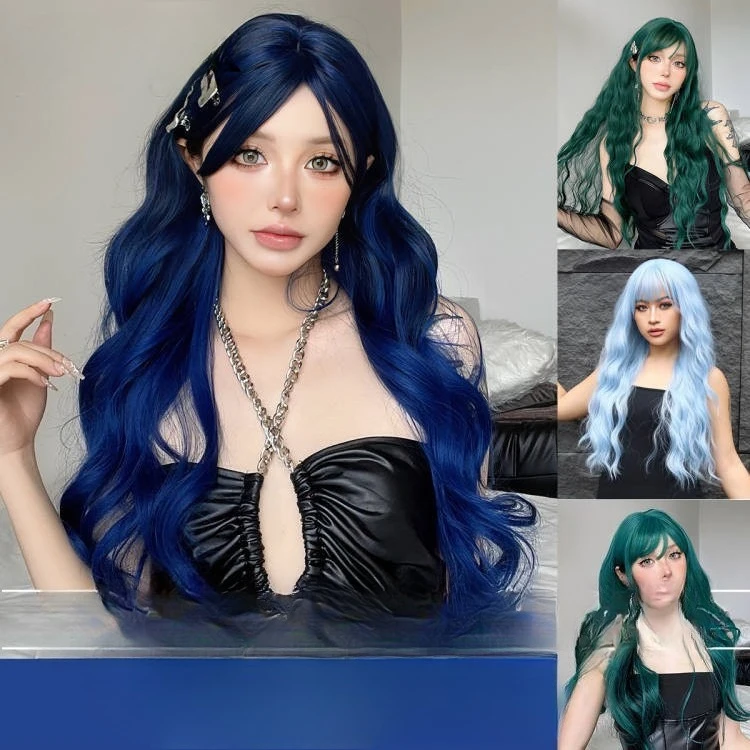 

Wig Female long hair, sky blue long curly hair wavy curl daily lolita natural round face, full hood
