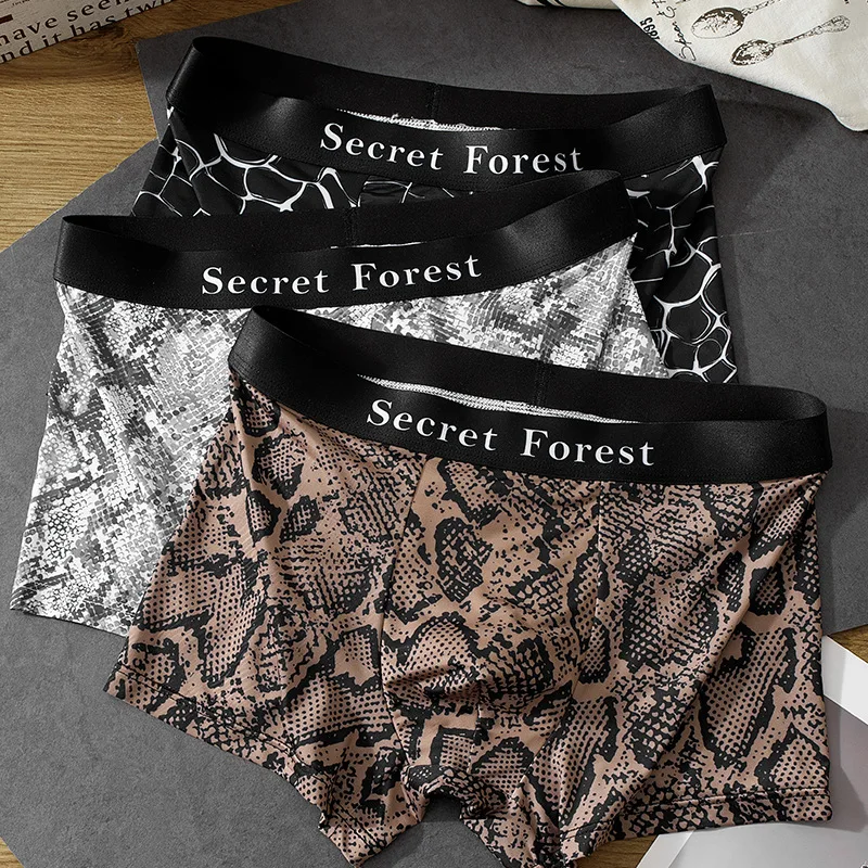 2 Pack Wild Python Print Ice Silk Boxer Briefs for Men Breathable Summer Underwear Flat Seams Youthful Four Corners Design