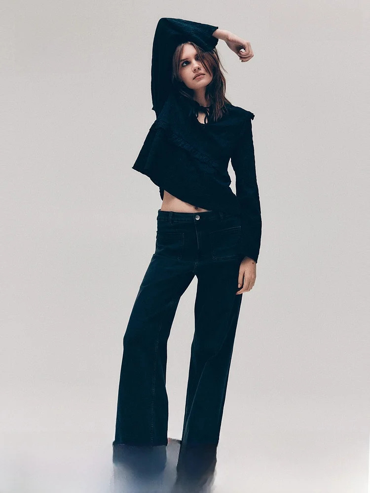 

Hm2026 Summer New Women's Embroidered Sweat Cloth Top 1314585 Polyester Cotton Blend Long Sleeve Shirt with Belt Detail